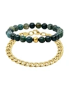 ANTHONY JACOBS MEN'S 2-PIECE 18K GOLDPLATED STAINLESS STEEL, GREEN AGATE BEADED CUBAN BRACELET SET