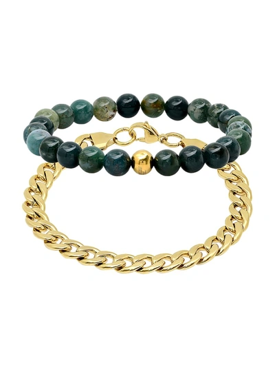 Anthony Jacobs Men's 2-piece 18k Goldplated Stainless Steel, Green Agate Beaded Cuban Bracelet Set