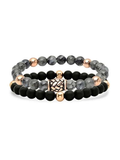 Anthony Jacobs Men's 2-piece 18k Rose Goldplated Stainless Steel, Diluted Hematite & Black Lava Beaded Bracelet Set