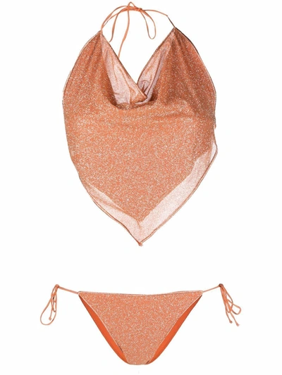 Oseree Shine Glittered Halterneck Bikini In Orange