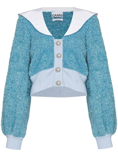 Ganni Cropped Embellished Organic Cotton-poplin And Metallic Knitted Cardigan In Placid Blue