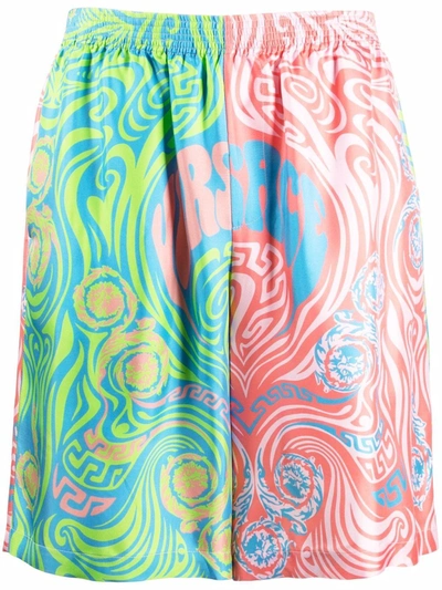 Versace Medusa Music Print Bi-colour Silk Shorts In Neutral