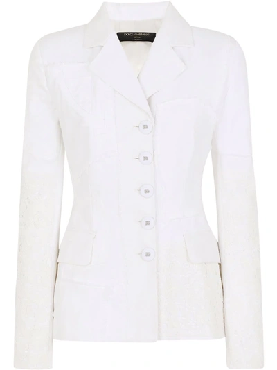 Dolce & Gabbana Single-breasted Denim And Lace Patchwork Jacket In White