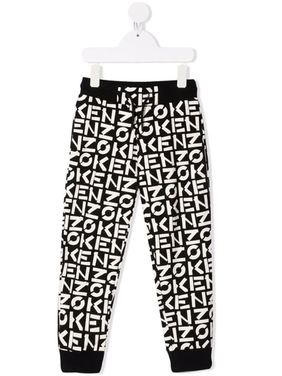 Kenzo Kids' Black And White Boys Sports Trousers, All-over Logo Print, Drawstring Waist, Straight Cut And Elasti