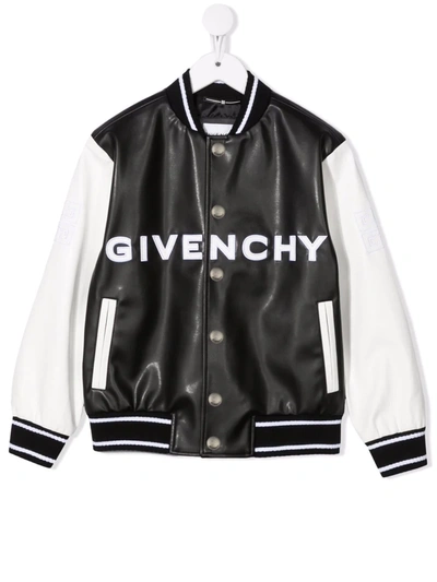 Givenchy Kids Bomber Jacket In Black And White Imitation Leather With Logo And 4g Motif