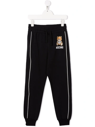 Moschino Kids Black Joggers With Logo Print And Pixelated Teddy Bear