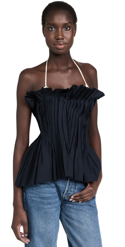 Marques' Almeida Cinched Pleated Crochet Bra Top In Navy | ModeSens