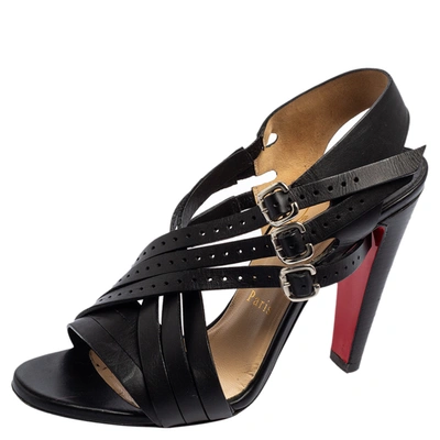 Pre-owned Christian Louboutin Black Leather Buckle Cross Strap Sandals Size 37