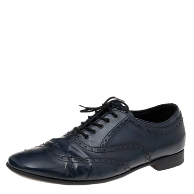Pre-owned Prada Navy Blue Brogue Leather Lace Up Oxfords Size 44