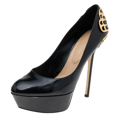 Pre-owned Sergio Rossi Black Patent Leather Butterfly Plaque Platform Pumps Size 38.5