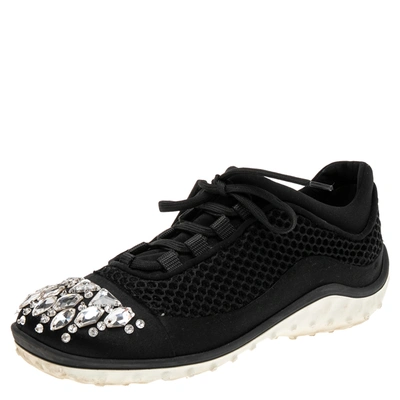 Pre-owned Miu Miu Black Mesh And Satin Crystal Embellished Low-top Sneakers Size 36.5