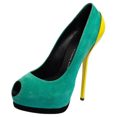 Pre-owned Giuseppe Zanotti Tri-color Suede And Patent Leather Peep Toe Platform Pumps Size 37 In Green