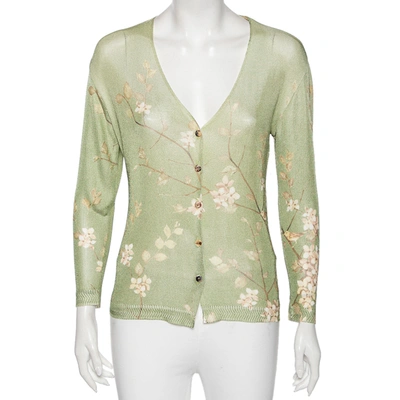 Pre-owned Roberto Cavalli Green Floral Printed Knit Button Front Cardigan L