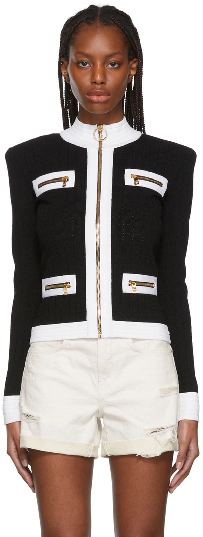 Balmain Strong-shoulder Square Knit Zipper Jacket In Black And White