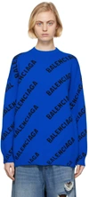 Balenciaga Wool Allover Logo Sweater Blue And Black In 3964 Blue/black