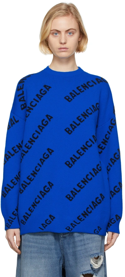 Balenciaga Wool Allover Logo Sweater Blue And Black In 3964 Blue/black