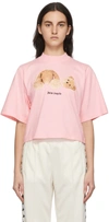 Palm Angels Pink Cotton Cropped Bear Loose T-shirt Woman In Almond Blossom Brown