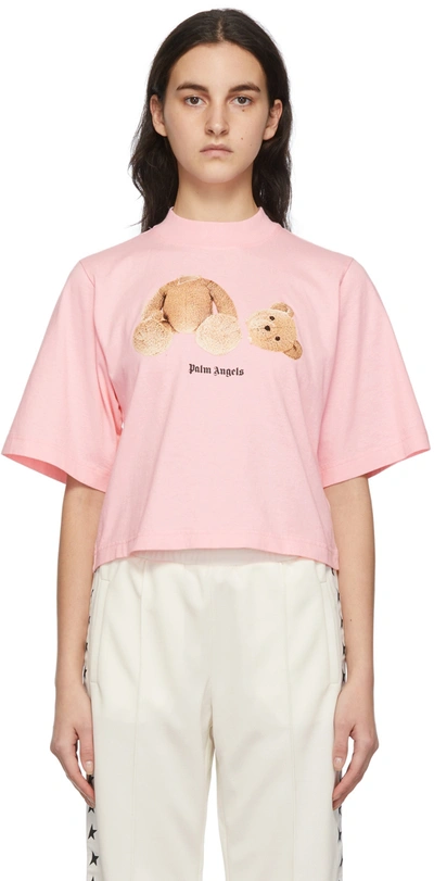 Palm Angels Pink Cotton Cropped Bear Loose T-shirt Woman In Multi-colored