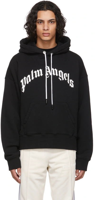 Palm Angels Curved Logo Print Cotton Hoodie In Black