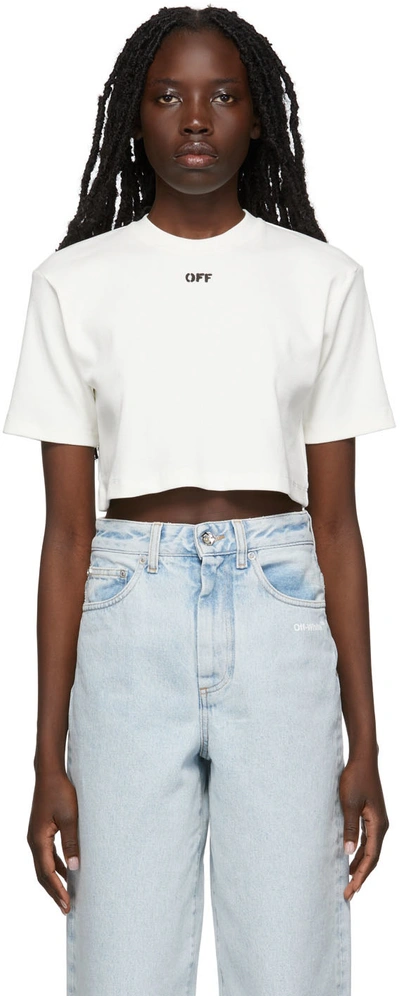 Off-white White Stamp Logo Ribbed Crop T-shirt In White,black