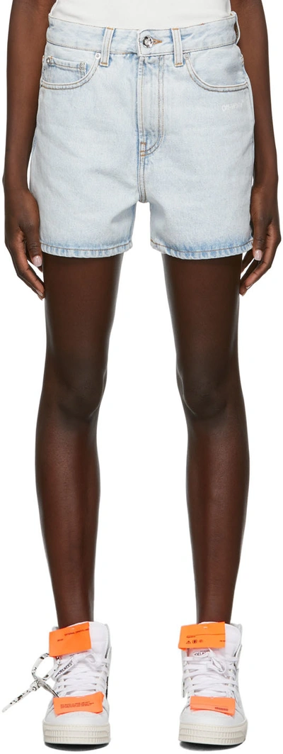 Off-white Diagonal Stripe Block Denim Shorts In Light Blue White
