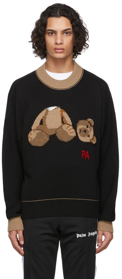 Palm Angels Logo-intarsia Virgin Wool Sweater In Black Brown