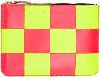 Comme Des Garçons Comme Des Gar�ons Large Fluo Squares Leather Zip Pouch In Yellow/pink