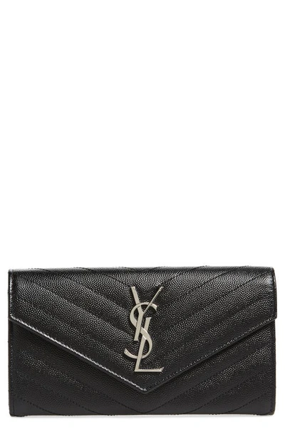 Saint Laurent Ysl Large Grain De Poudre Flap Wallet In Noir