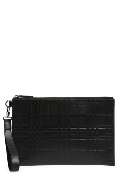 Burberry Edin Check Embossed Zip Leather Pouch In Black
