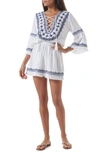 Melissa Odabash Martina Embroidered Cotton And Linen-blend Mini Dress In White/ Navy