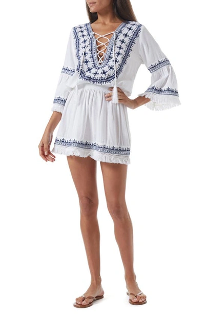 Melissa Odabash Martina Embroidered Cotton And Linen-blend Mini Dress In White Navy