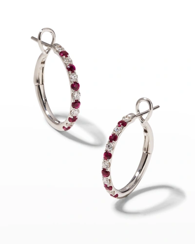 Frederic Sage White Gold Medium Diamond And Diamond-cut Rubies Hoop Earrings