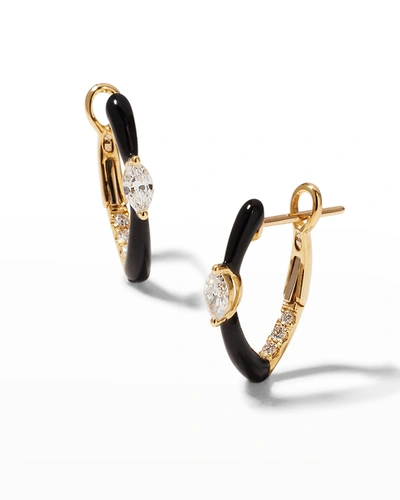 Frederic Sage Yellow Gold Small Straight Marquise Center Black Enamel Hoop Earrings