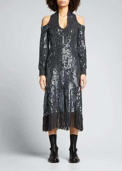 Monse Fringed Sequined Merino Wool Halterneck Midi Dress In Charcoal