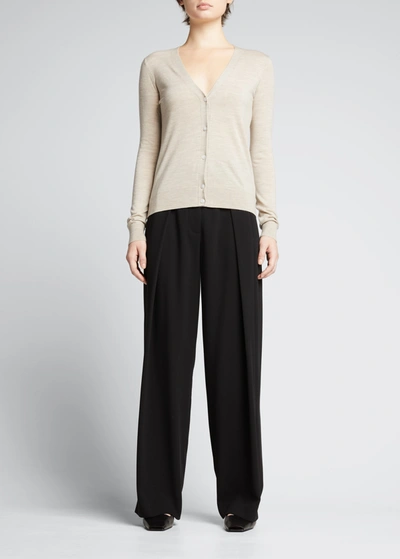 Theory V-neck Button-front Regal Wool Cardigan In Cls Khki