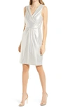 Donna Ricco Knit Foil Surplice Dress In Light Gold