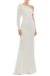 Mac Duggal One-shoulder Gown With Dramatic Puff Sleeve And Thigh-high Slit In White In White