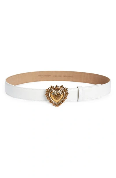 Dolce & Gabbana Devotion Logo Heart Buckle Leather Belt In Bianco Ottico
