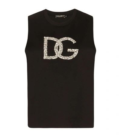 Dolce & Gabbana Interlock Tank Top With Crystal Dg Embellishment In Black