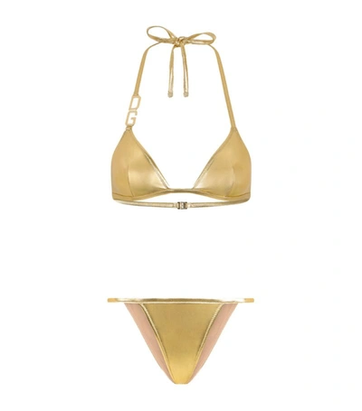 Dolce & Gabbana Triangle Bikini With Dg Logo In Metallic