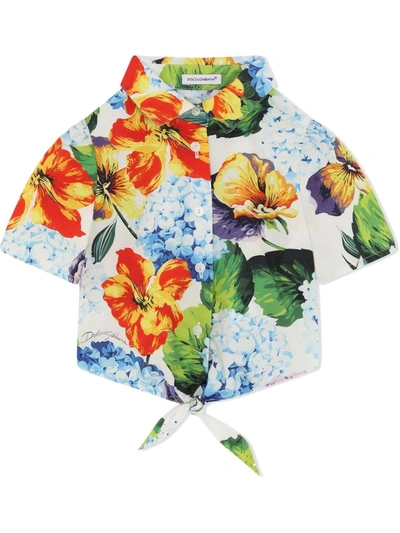 Dolce & Gabbana Kids' Hydrangea-print Short-sleeved Shirt In Blue