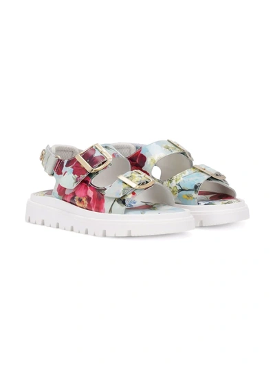 Dolce & Gabbana Kids' Floral-print Double-buckle Sandals In Blue