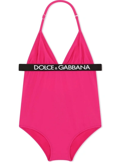 Dolce & Gabbana Kids' Contrast Logo-trim Halterneck Swimsuit In Fuchsia