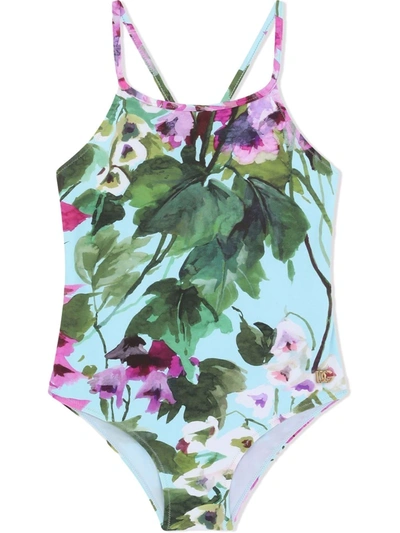 Dolce & Gabbana Kids' Bluebell-print Crossover-strap Swimsuit In Multicolor
