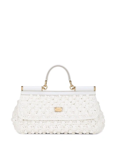 Dolce & Gabbana Medium Sicily Raffia Crochet Shoulder Bag In White