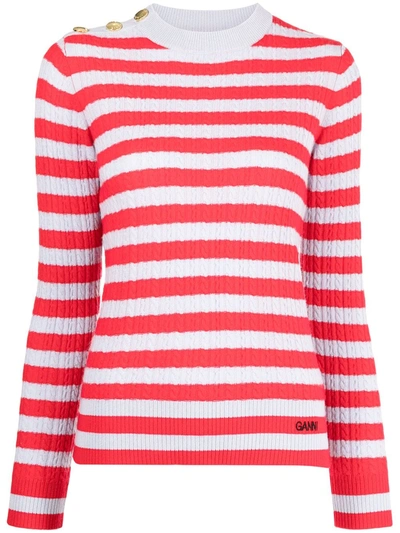 Ganni Striped Cable Knit Jumper In Red