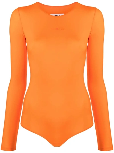 Mm6 Maison Margiela Contrast-stitch Long-sleeve Bodysuit In Orange