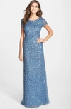Adrianna Papell Short Sleeve Sequin Mesh Gown In Nile