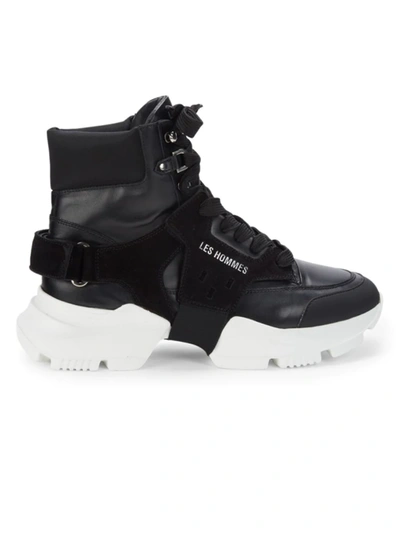 Les Hommes Men's Mix-leather Chunky High-top Sneakers W/ Grip-strap In Black