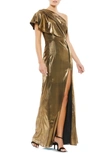 Mac Duggal Ruffled One Shoulder Metallic Evening Gown In Bronze